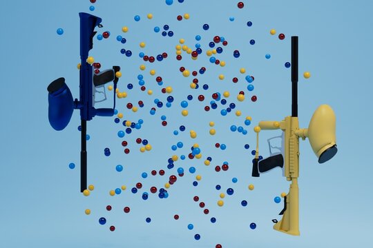sports competition paintball. blue and yellow paintball guns with multi-colored bullets flying on a blue background. 3d render. 3d illustration