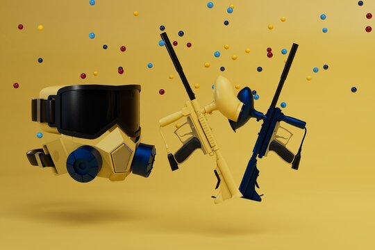sports competition paintball. mask, blue and yellow paintball guns with multi-colored bullets flying on an yellow background. 3d render. 3d illustration
