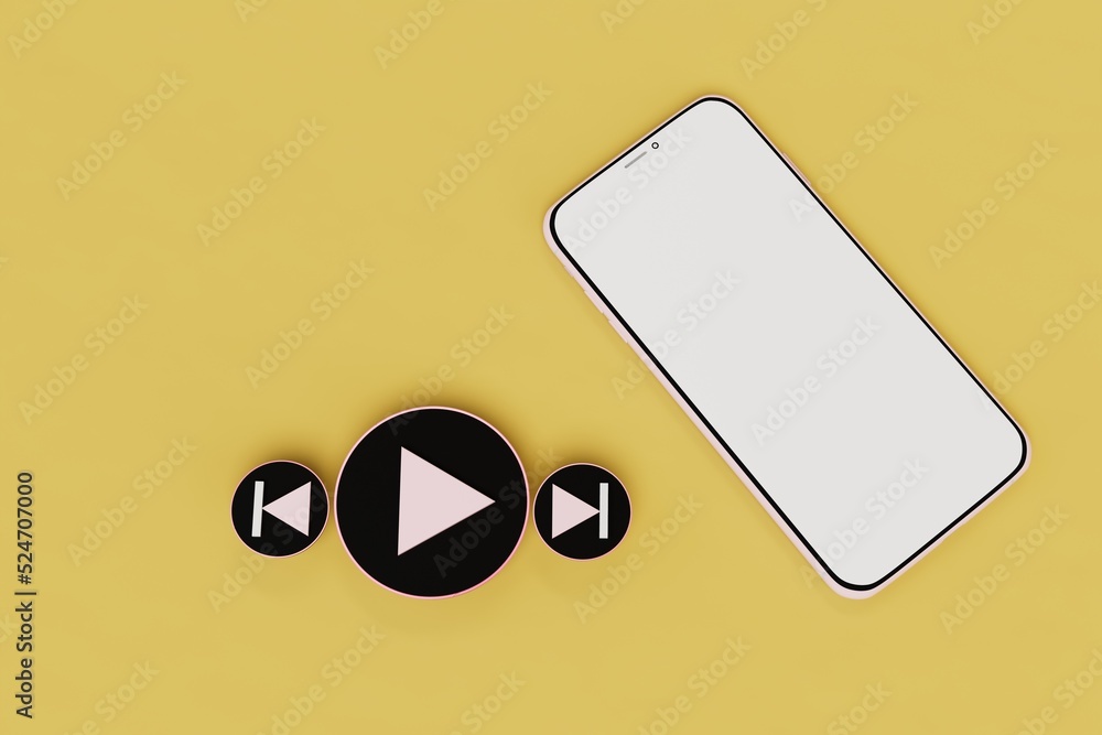 Poster listening to music on a smartphone. control buttons for playing a music track and a smartphone on an