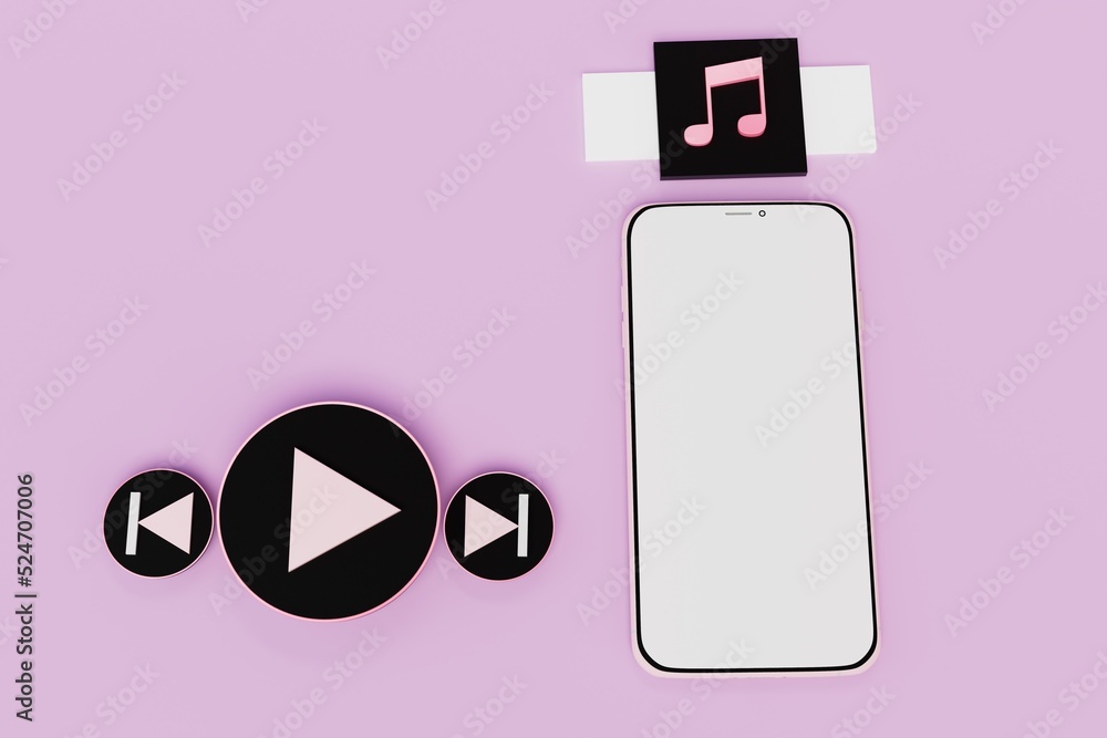 Poster listening to music on a smartphone. control buttons for playing a music track and a smartphone with 
