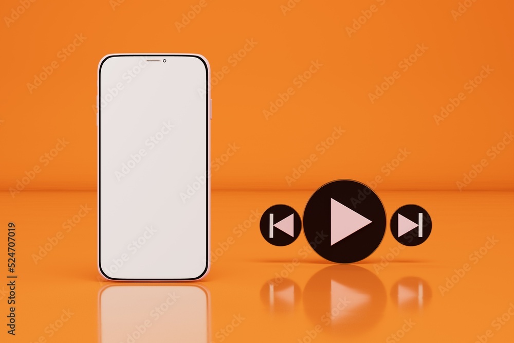 Poster listening to music on a smartphone. control buttons for playing a music track and a smartphone on an