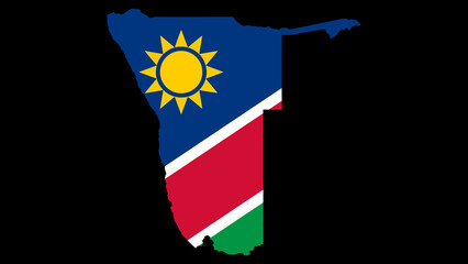Shape of Namibia with flag on black background.
