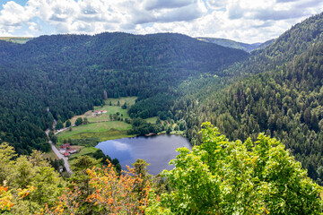 Panorama avec vue sur le lac de Retournemer dans les Vosges - obrazy, fototapety, plakaty