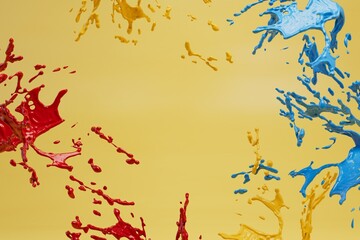 abstract background. splashes of multi-colored paint on a yellow background. copy paste, copy space. 3d render. 3d illustration