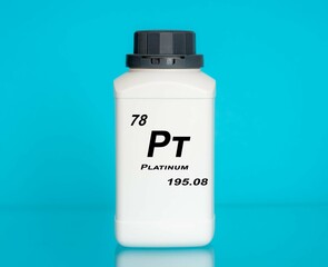 Platinum Pt chemical element in a laboratory plastic container