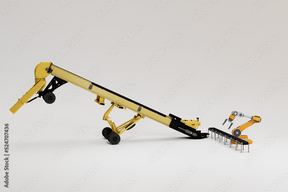 Aufkleber robotic arm for production assistance. a large conveyor through which products descend onto a belt w