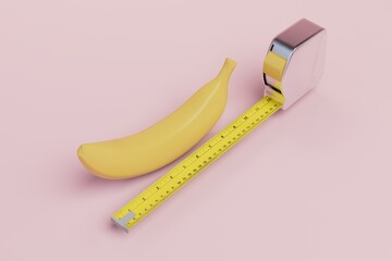 measure the length of the banana. size matters. a big tasty banana next to a tape measure on a pastel background. 3d render. 3d illustration - obrazy, fototapety, plakaty
