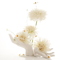 Art bouquet with white dahlias and white hands. Modern style of floristry