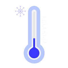Simple thermometer with blue cold temperature low scale with snowflake vector illustration isolated in white background, flat design, winter