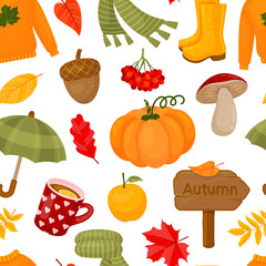 seamless pattern from autumn elements. Leaves, pumpkin, acorn, sweater, scarf, cup of hot tea, mushrooms and other symbols of fall. Endless texture. Vector illustration. Cartoon style.