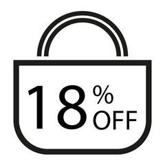18 percent off. White banner with shopping bag illustration. 