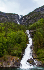 Fototapeta na wymiar Beautiful waterfall between green trees on Nærøyfjord in early summer in Norway