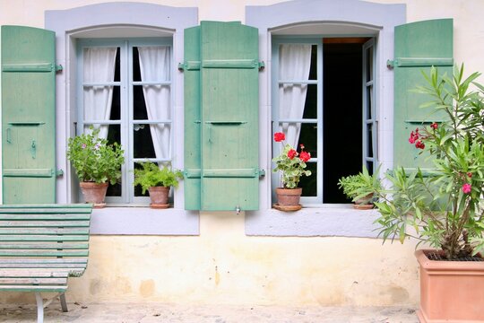 windows with flowers, shutters, old, vintage, shabby