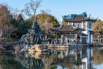 Naklejka premium Aerial photography of Tianning Pagoda, Wenbi Pagoda, Hongmei Pavilion and Hongmei Park Scenic Spot in Changzhou City, Jiangsu Province, China