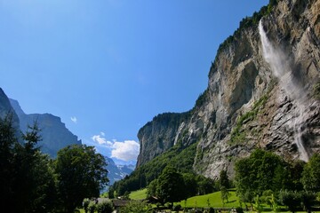 view from the valley on mountains, Lauterbrunnen waterfall Interlaken, Switzerland