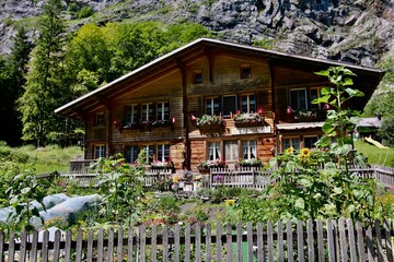 Swiss wooden cottage on the alps. Interlaken