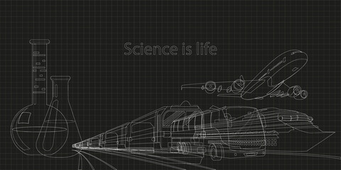 Background on the theme of science is life. Two chemistry tubes represent a city. Train, bus, cruise ship and passenger plane come out of chemistry tubes.
