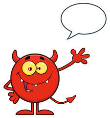 Happy Devil Cartoon Emoji Character Waving For Greeting With Speech Bubble.  Hand Drawn Illustration Isolated On Transparent Background