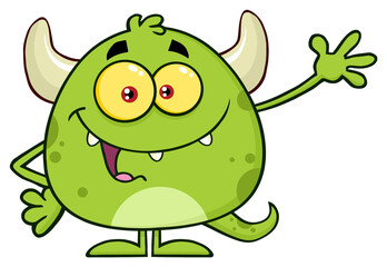 Naklejka premium Happy Green Monster Cartoon Emoji Character Waving For Greeting. Hand Drawn Illustration Isolated On Transparent Background