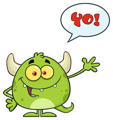 Happy Green Monster Cartoon Emoji Character Waving For Greeting With Speech Bubble And Text Yo! Hand Drawn Illustration Isolated On Transparent Background