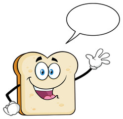 White Sliced Bread Cartoon Mascot Character Waving For Greeting With Speech Bubble. Hand Drawn Illustration Isolated On Transparent Background