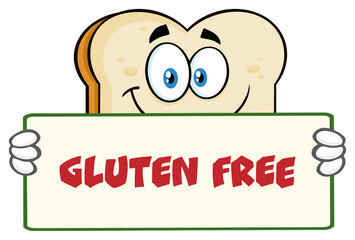 White Sliced Bread Cartoon Mascot Character Holding A Sign. Hand Drawn Illustration Isolated On Transparent Background