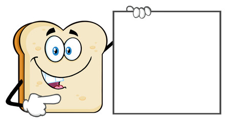 Talking Bread Slice Cartoon Mascot Character Pointing To A Blank Sign. Hand Drawn Illustration Isolated On Transparent Background