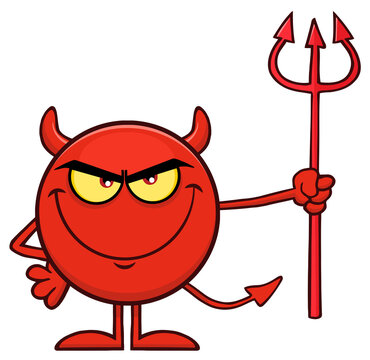 Red Devil Cartoon Emoji Character Holding A Pitchfork. Hand Drawn Illustration Isolated On Transparent Background