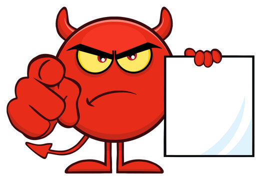 Angry Red Devil Cartoon Emoji Character Pointing With Finger And Holding A Blank Sing. Hand Drawn Illustration Isolated On Transparent Background