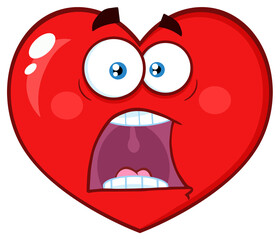 Scared Red Heart Cartoon Emoji Face Character With Panic Expression. Hand Drawn Illustration Isolated On Transparent Background