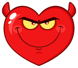 Devil Red Heart Cartoon Emoji Face Character With Smiling Expression. Hand Drawn Illustration Isolated On Transparent Background
