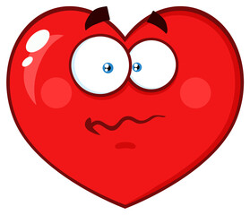 Worried Red Heart Cartoon Emoji Face Character With Confused Expression. Hand Drawn Illustration Isolated On Transparent Background