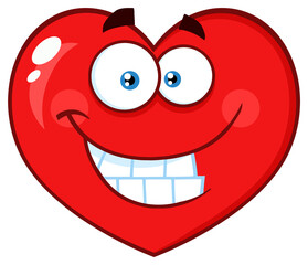 Smiling Red Heart Cartoon Emoji Face Character With Expression. Hand Drawn Illustration Isolated On Transparent Background