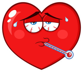 Sick Red Heart Cartoon Emoji Face Character With Tired Expression And Thermometer. Hand Drawn Illustration Isolated On Transparent Background