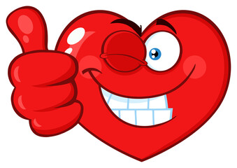 Red Heart Cartoon Emoji Face Character Winking and Giving A Thumb Up. Hand Drawn Illustration Isolated On Transparent Background