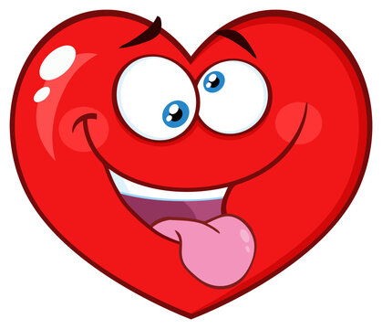 Silly Red Heart Cartoon Emoji Face Character With Expression. Hand Drawn Illustration Isolated On Transparent Background