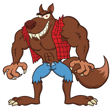 Angry Werewolf Cartoon Mascot Character. Hand Drawn Illustration Isolated On Transparent Background
