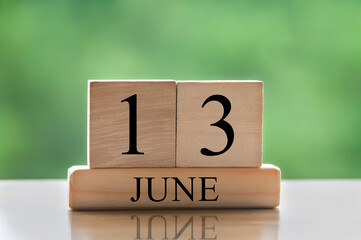 June 13 calendar date text on wooden blocks with blurred nature background. Copy space and calendar concept