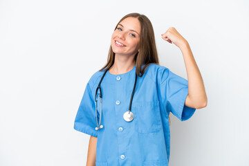 Young surgeon doctor Lithuanian woman isolated on white background doing strong gesture