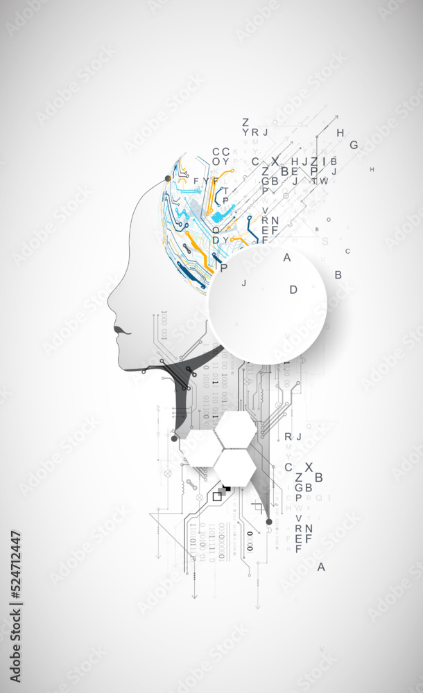 Aufkleber Artificial Intelligence. Technical background with a silhouette of a man. Big data concept. Machine cyber mind.