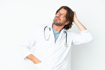 Senior dutch man isolated on white background wearing a doctor gown and having doubts