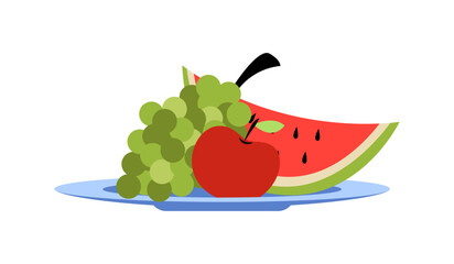A plate with grapes, watermelon and apples. A plate of fruit