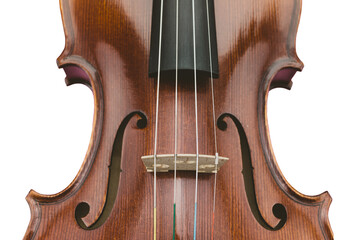 dettaglio di tavola armonica di violino con ponticello e tastiera su sfondo trasparente - vista...
