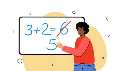 The teacher shows a mathematical example on the blackboard. School teacher, illustration for elementary school