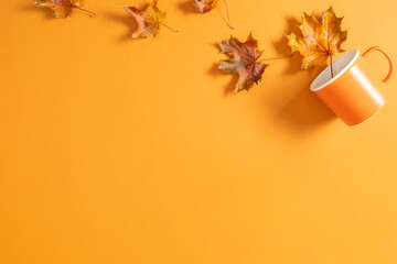 Autumn creative composition with leaves. Beautiful dried autumn leaves in cup on orange background. Fall concept. Autumn background. Flat lay, top view, copy space