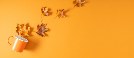 Autumn creative composition with leaves. Beautiful dried autumn leaves in cup on orange background....