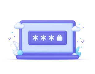 3D Computer and and password protection on screen. User authorization, sign in to account, authentication page. Can be used for many purposes.