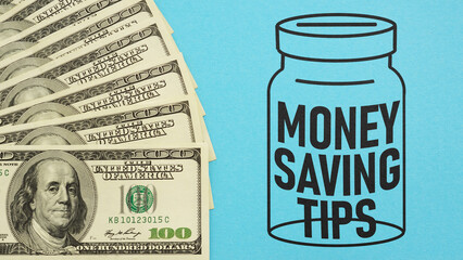 Money saving tips are shown using the text and photo of dollars