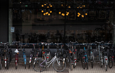 Bicycles parking on the street. Dutch bikes, transportation concept with copy space.