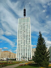 Fototapeta na wymiar Tourist attraction. The first high-rise building in the city of Arkhangelsk, Russia.